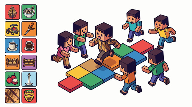 Isometric voxel art illustration featuring pixelated characters running on colorful blocks with Indonesian cultural icons including Monas, wayang, batik, and traditional food icons.