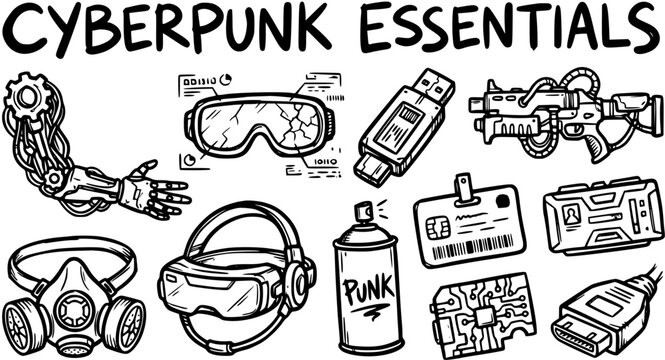 Hand-Drawn Cyberpunk Essentials Collection: Futuristic Technology, Dystopian Gear, and Sci-Fi Gadgets in Black  White Line Art.