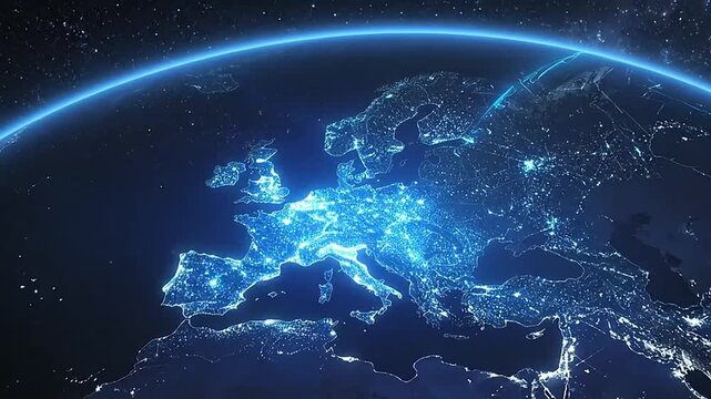 A glowing view of a continent from outer space at night