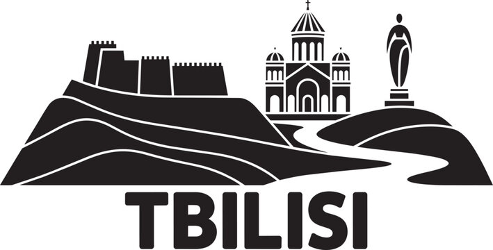 Stylized cityscape illustration depicting prominent landmarks of tbilisi, Georgia including narikala fortress and holy trinity cathedral with mother
