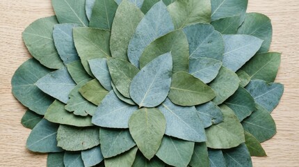 Fototapeta premium Circular arrangement of green and blue leaves on wooden surface