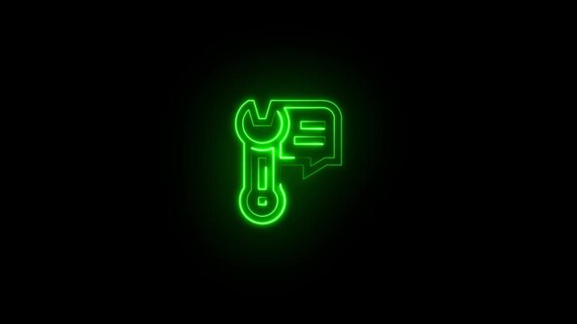 Neon green glowing wrench and speech bubble icon on black background, digital repair and technical support concept