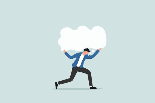 Over thinking, obsessive in work or too many problems that cannot make decision concept, tried depressed businessman carry heavy thinking bubble burden.