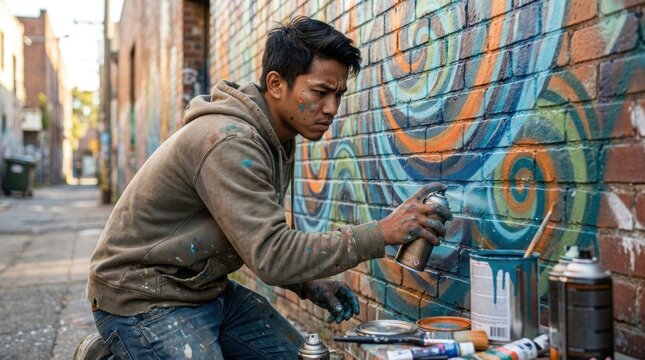 Urban Canvas: An artist intensely focused on his craft, spray-painting a vibrant mural onto a brick wall in a gritty urban alleyway.
