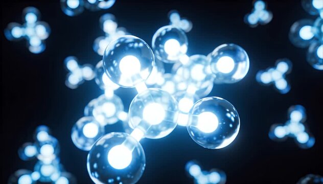 Renewable Energy Kinetic energy abstract molecule glowing sphere cluster blue light dark background, molecular structure with glowing blue spheres dark space, abstract science background with