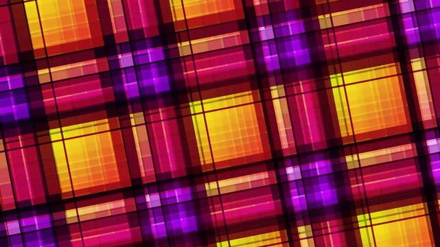 Abstract colorful plaid grid pattern with dynamic glowing light trails moving