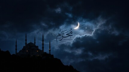 Naklejka premium Dramatic night Mosque silhouette beneath a cloudy sky, illuminated by a crescent moon and star, evoking spiritual reflection