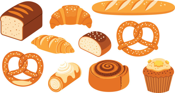 Bakery Bread and Pastry Icon Set Featuring Loaf, Croissant, Baguette, Pretzel, Roll, Cinnamon Bun, and Cupcake for Food Apps, Websites, and Digital Designs