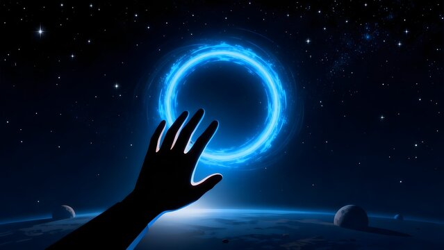 Hand reaching for glowing blue ring in space