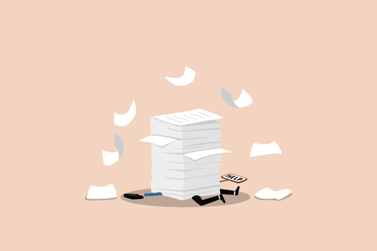 Excessive and too much workload makes employees exhausted and stressed, which leads to depression, mental exhaustion, a businessman buried under a pile of documents.
