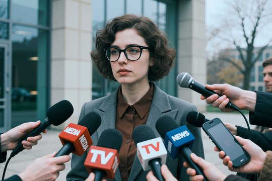 Portrait of young adult Caucasian businesswoman facing media microphones during press interview outside office building, representing public relations, news response, corporate messaging use