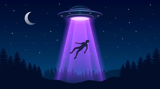 UFO Abducting a Human in a Dark Forest Night Landscape