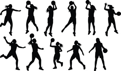 Basketball player silhouettes, sports vector art, athletic action illustration, dribbling shooting passing design icons, black graphic dynamic movement artwork © MDMAHOMUDUL