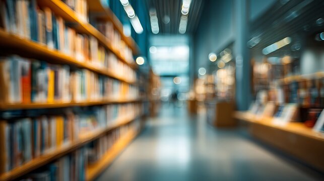 Blurred interior of a modern public library with wooden bookshelves.