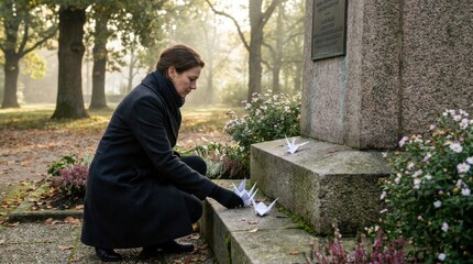 Fototapeta premium Remembrance at a Memorial: A somber woman in a dark coat places a white paper crane at a weathered stone memorial, surrounded by autumn foliage and tranquil parkland.