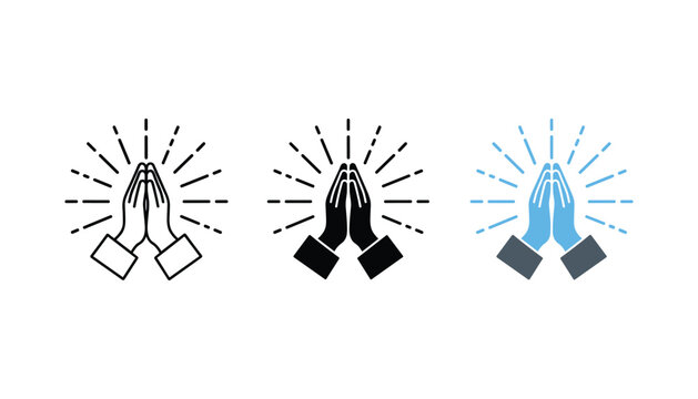 Praying hands icon set with radiating light in line art solid black and flat color styles for religious and spiritual design elements isolated on white