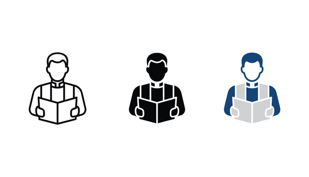 Professional priest icon set with line art solid black and flat color styles featuring clergyman holding holy book isolated on white background
