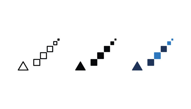Set of three geometric progression icons featuring a triangle and squares in outline solid black and flat blue color styles for abstract design and business charts