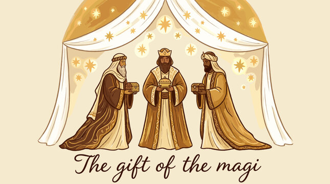 Three wise men in robes stand under starry tent the gift of the magi scene with celestial background