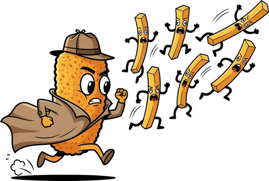 Running Fries Detective Cartoon Food Mascot Vector Illustration