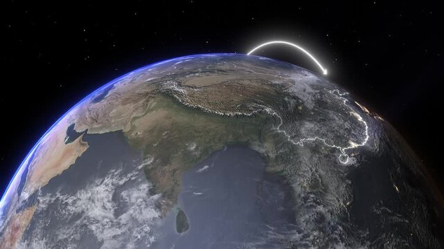 Realistic 3D Earth Night Flight Path Arc from Miami United States to Hong Kong China