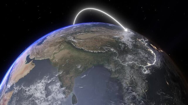 Realistic 3D Earth Night Flight Path Arc from New York United States to Hong Kong China