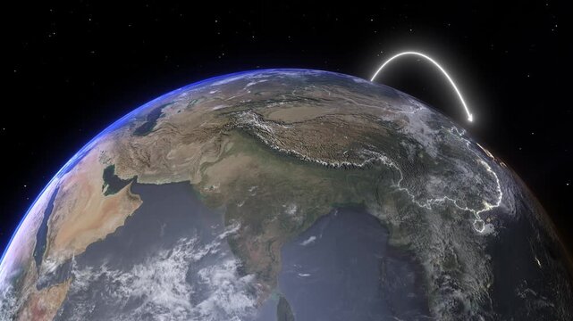 Realistic 3D Earth Night Flight Path Arc from Seattle United States to Hong Kong China