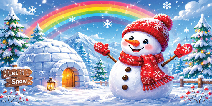 Winter Snowman Scene with Rainbow, Igloo, Snowflakes, and Festive Christmas Wonderland Illustration