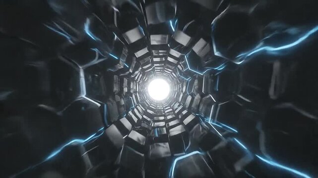 A dark tunnel with glowing blue hexagonal geometric patterns inside
