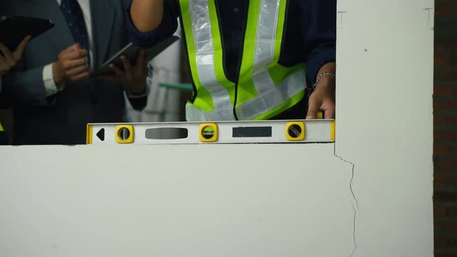 Construction worker measuring wall crack with spirit level during interior inspection building site repair work manual labor safety vest tool use wall crack measurement building inspection interior