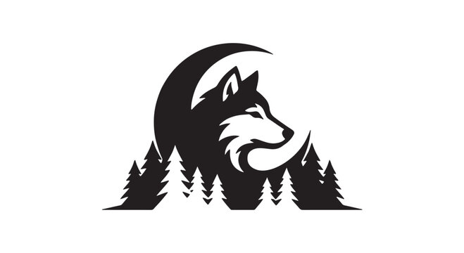 Abstract wolf face hidden inside crescent moon and forest pine shapes, black and white premium vector illustration, isolated white canvas, mysterious wildlife emblem, modern negative space logo design