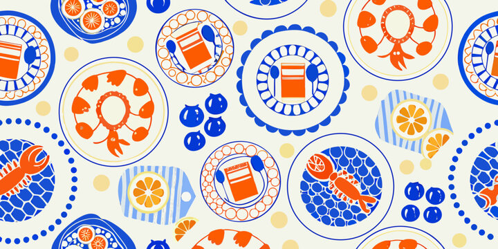 Seamless pattern with retro seafood illustrations and circular motifs