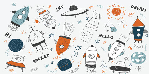 Hand Drawn Doodle Space Pattern with Rockets, Planets, Stars, UFOs, and Creative Cosmic Elements for Children Artwork © mahabubmorshed