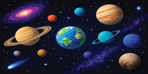 Magical Outer Space Galaxy Background Featuring Planets, Stars, Nebula, and Cosmic Universe Illustration in Vibrant Colors © mahabubmorshed