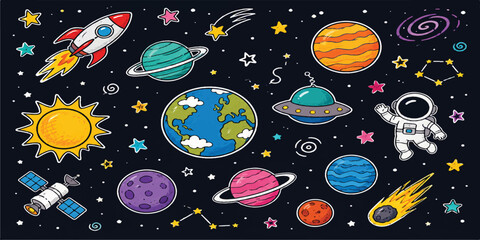 Solar System Illustration with Colorful Planets, Rockets, Astronauts, and Fun Space Elements for Kids Educational Design © mahabubmorshed