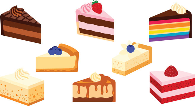Cake Slice Dessert Icon Set Featuring Chocolate, Strawberry, Rainbow, Cheesecake, Caramel, and Layered Cakes for Bakery Apps, Websites, and Digital Designs