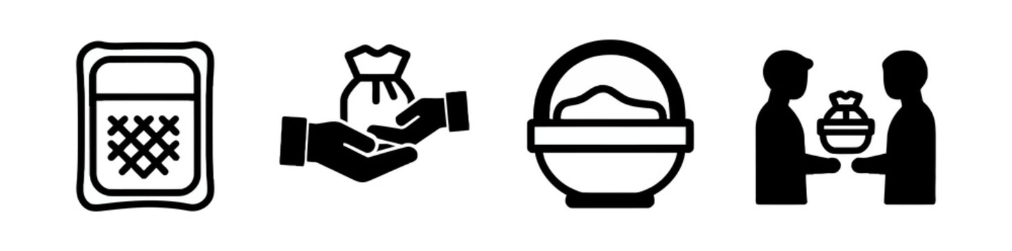 A Set of Four Icons Depicting Financial Concepts A Calculator, a Hand Offering Money, a Bowl of Currency, and a Transaction Between Two People