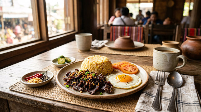 Beef tapa silog breakfast with garlic rice, fried egg, tomatoes, spices, and coffee.