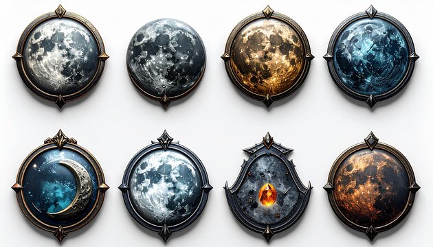 白背景のメタリックファンタジーゲームアイコンセット 宝石と紋章の高級バッジコレクション03 ：Metallic Fantasy Game Icon Set on White Background with jewelry Emblems and Premium RPG Badges