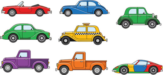 Naklejka premium Cars and Vehicles Icon Set Featuring Convertibles, Classic Cars, Taxi, Pickup Trucks, and Sports Cars for Apps, Websites, and Digital Designs