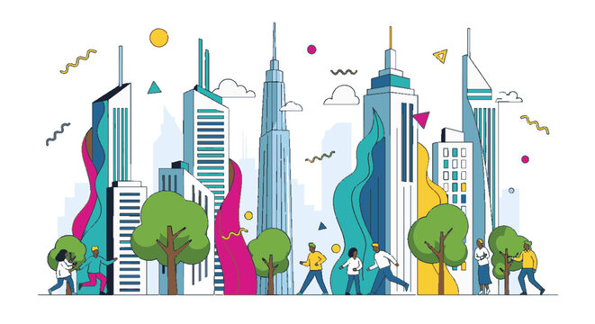 Vibrant modern city skyline illustration with diverse people enjoying urban green spaces, representing community, development, and a contemporary urban lifestyle.