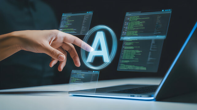 Hand touching glowing virtual a letter on laptop screen