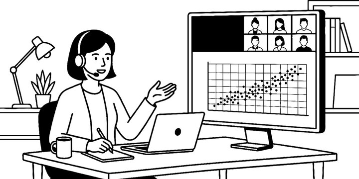 Businesswoman conducting virtual meeting with data presentation