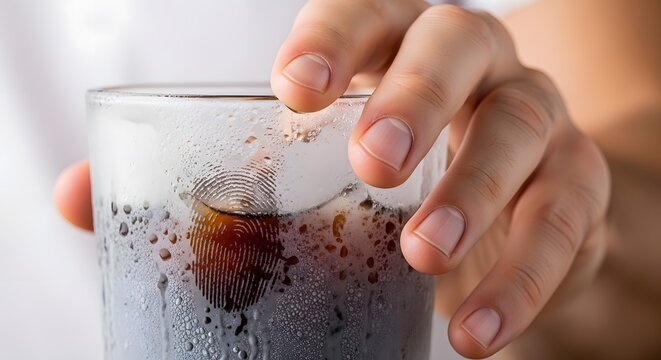 Close up of a hand holding a refreshing glass of cola with ice cubes.