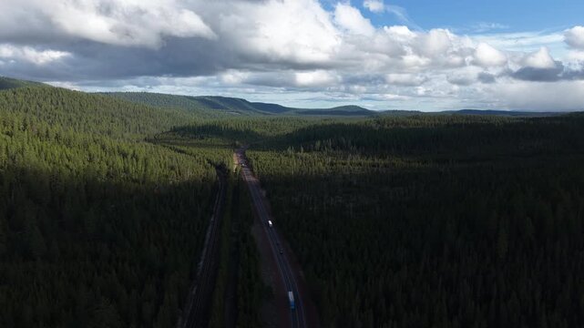 Aerial of Oregon State Highway 97 in Deschutes National Forest near Bend Oregon