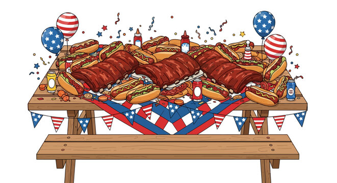 Picnic Table Loaded With Barbecue Ribs and Grilled Hot Dogs Amidst Patriotic Star Patterned Decorations for Summer Celebration