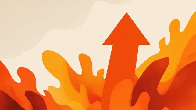 Abstract illustration of vibrant flames with upward arrow symbolizing growth, energy, change, and transformation in a colorful artistic style