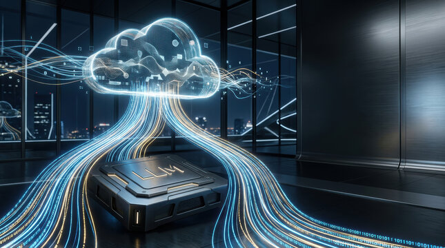 Cloud data transfer hub with glowing fiber optic streams and secure server, futuristic digital