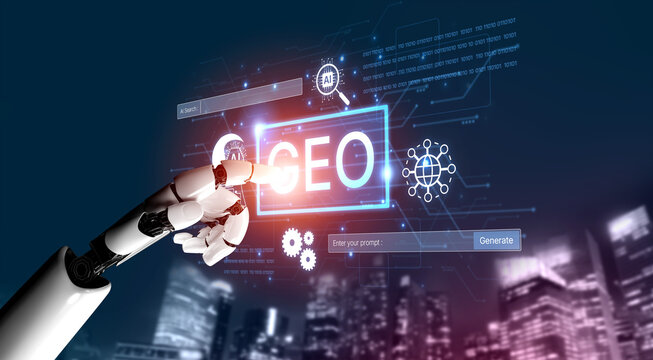 Digital marketing concept featuring GEO strategy. Generative AI search visual shows GEO interface integrating intelligence, logic, and AI input system for prompt tasks. Corpus