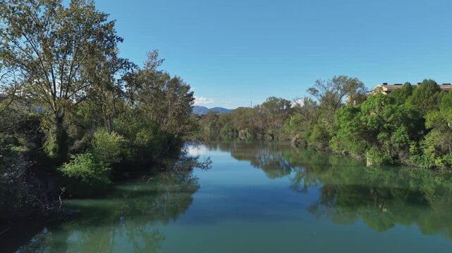 4K 60P Drone Flyover Shot of Arga River in Puente la Reina on the Camino Frances